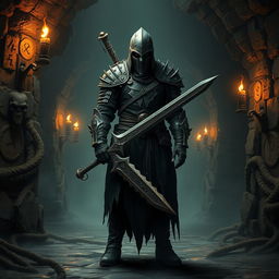 A captivating image of a dark fantasy warrior standing boldly in a dimly lit dungeon