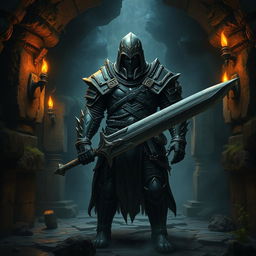 A captivating image of a dark fantasy warrior standing boldly in a dimly lit dungeon