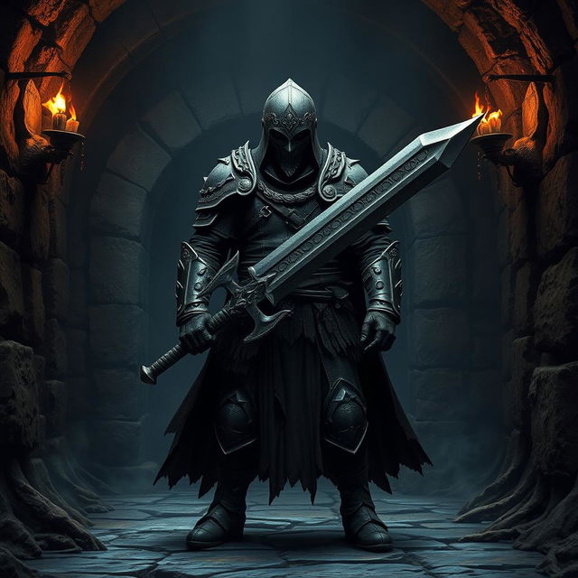 A captivating image of a dark fantasy warrior standing boldly in a dimly lit dungeon