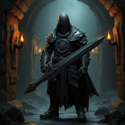 A captivating image of a dark fantasy warrior standing boldly in a dimly lit dungeon