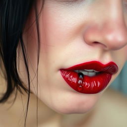 A close-up of a woman's face showing her mouth with striking red lipstick, and black tears streaming down her cheeks