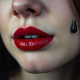 A close-up of a woman's face showing her mouth with striking red lipstick, and black tears streaming down her cheeks