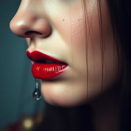 A close-up of a woman's face showing her mouth with striking red lipstick, and black tears streaming down her cheeks