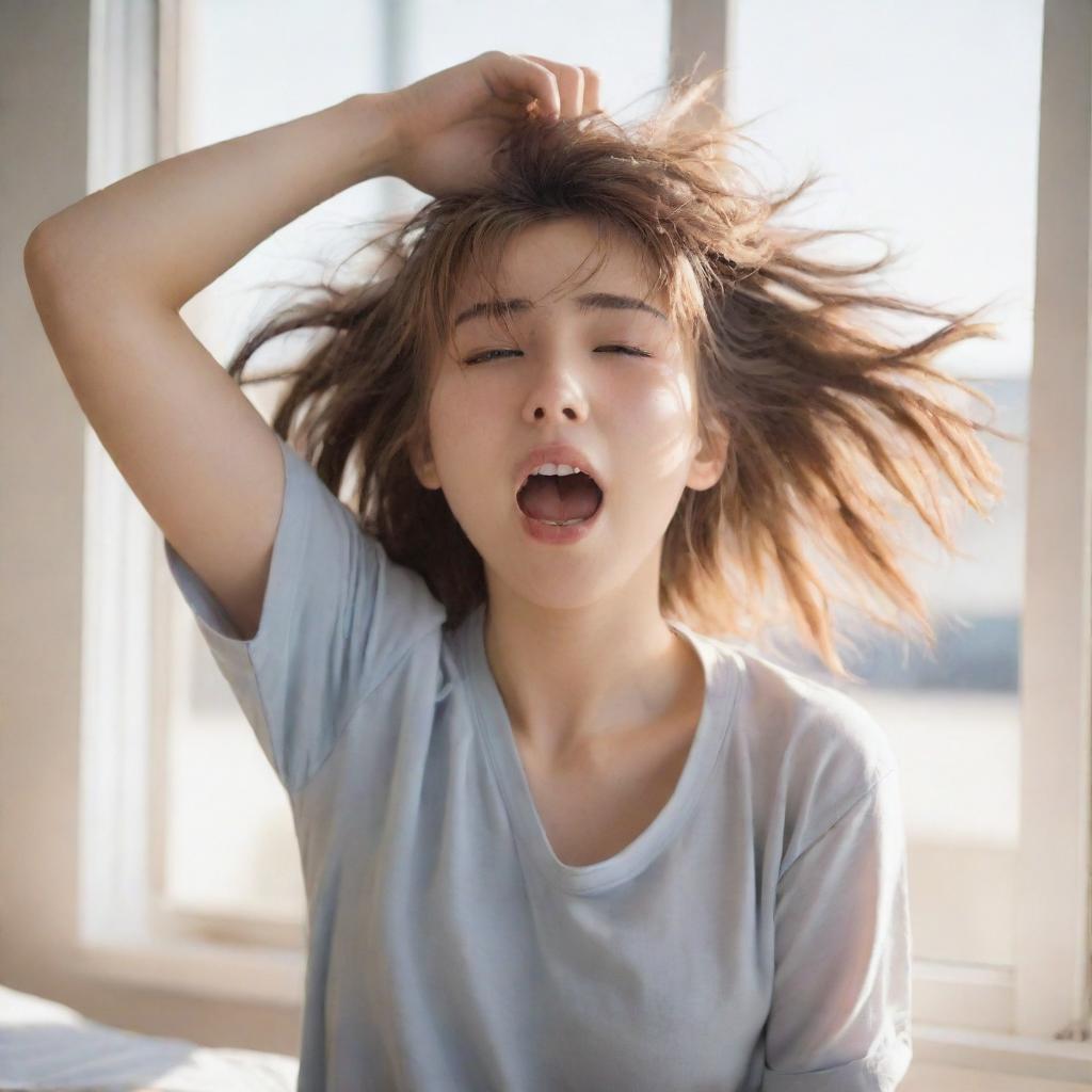 Anime girl waking up in the morning, stretching and yawning, with messy hair and sleepy eyes, sunlight peering through the window.