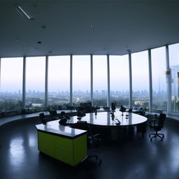 In broad daylight, the penthouse office of the SWAT Control Room, featuring panoramic glass walls which provide an extensive view of the bustling city.