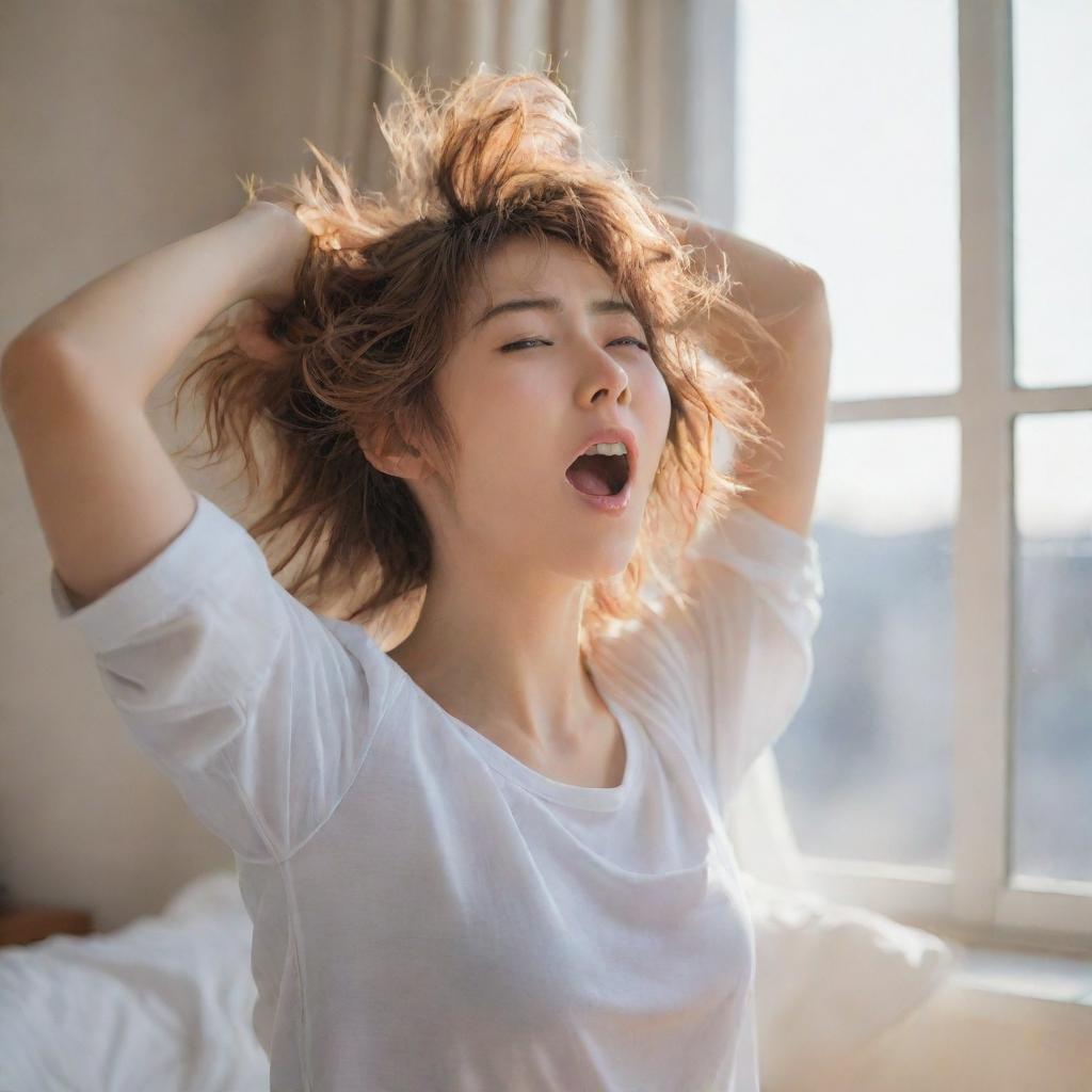 Anime girl waking up in the morning, stretching and yawning, with messy hair and sleepy eyes, sunlight peering through the window.