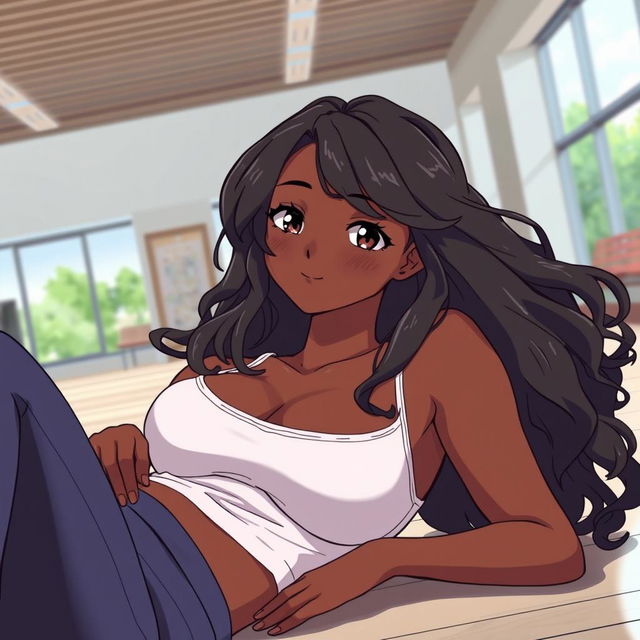 A beautiful dark-skinned woman in her college setting, wearing yoga pants, laid down in a relaxed pose with a gentle blush on her cheeks, in an anime art style