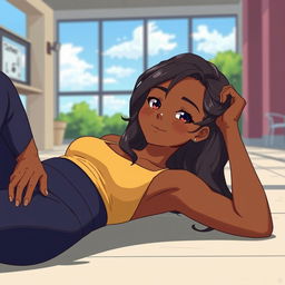 A beautiful dark-skinned woman in her college setting, wearing yoga pants, laid down in a relaxed pose with a gentle blush on her cheeks, in an anime art style