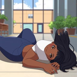 A beautiful dark-skinned woman in her college setting, wearing yoga pants, laid down in a relaxed pose with a gentle blush on her cheeks, in an anime art style