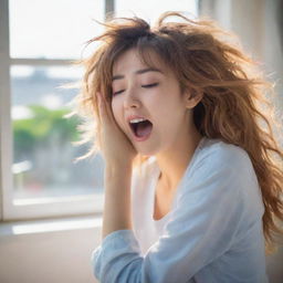 Anime girl waking up in the morning, stretching and yawning, with messy hair and sleepy eyes, sunlight peering through the window.