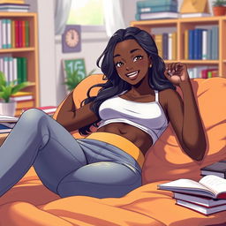 A beautiful dark-skinned woman with a radiant smile, resembling a character from anime, wearing stylish yoga pants