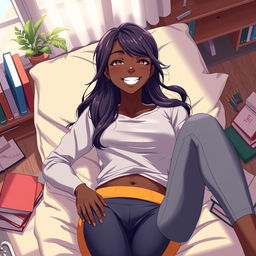 A beautiful dark-skinned woman with a radiant smile, resembling a character from anime, wearing stylish yoga pants