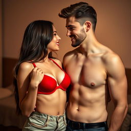 A beautiful 18-year-old virgin girlfriend playfully showing off her red hot bra to her handsome young boyfriend, both exchanging intimate and hot expressions