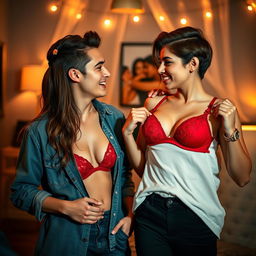 A beautiful 18-year-old virgin girlfriend playfully showing off her red hot bra to her handsome young boyfriend, both exchanging intimate and hot expressions