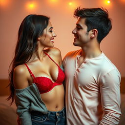 A beautiful 18-year-old virgin girlfriend playfully showing off her red hot bra to her handsome young boyfriend, both exchanging intimate and hot expressions