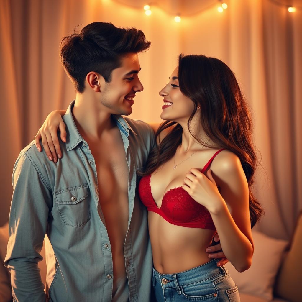 A beautiful 18-year-old virgin girlfriend playfully showing off her red hot bra to her handsome young boyfriend, both exchanging intimate and hot expressions