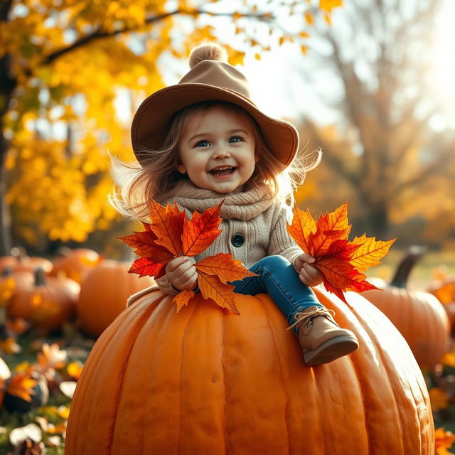 A cute, cheerful girl wearing a stylish hat with a bubo, sitting joyfully on a large, vibrant orange pumpkin