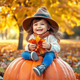 A cute, cheerful girl wearing a stylish hat with a bubo, sitting joyfully on a large, vibrant orange pumpkin