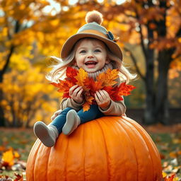 A cute, cheerful girl wearing a stylish hat with a bubo, sitting joyfully on a large, vibrant orange pumpkin