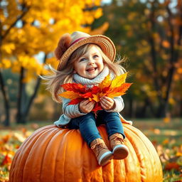 A cute, cheerful girl wearing a stylish hat with a bubo, sitting joyfully on a large, vibrant orange pumpkin