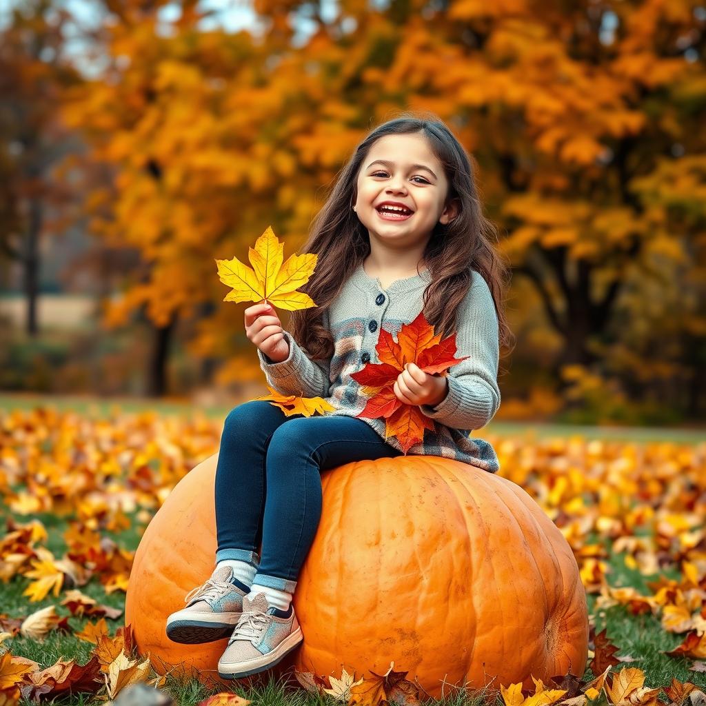 A cute, cheerful, and beautiful girl sitting on a large pumpkin in an autumn setting