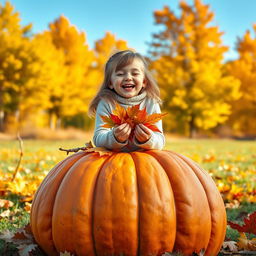 A cute, cheerful, and beautiful girl sitting on a large pumpkin in an autumn setting