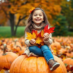 A cute, cheerful, and beautiful girl sitting on a large pumpkin in an autumn setting