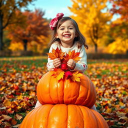 A cute, cheerful, and beautiful girl sitting on a large pumpkin in an autumn setting