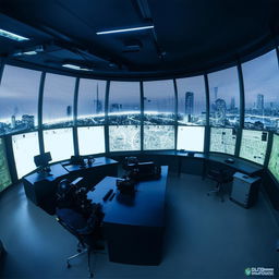 In broad daylight, the penthouse office of the SWAT Control Room, featuring panoramic glass walls which provide an extensive view of the bustling city.