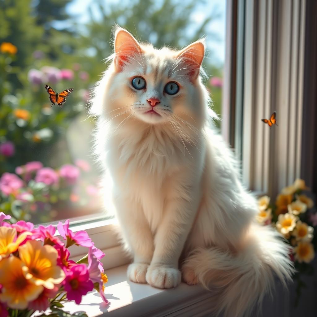 A beautiful white cat with fluffy fur, bright blue eyes, sitting elegantly on a sunny windowsill surrounded by colorful flowers