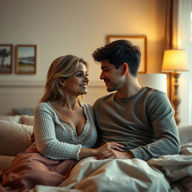 A photorealistic and hyperrealistic depiction of a 30-year-old attractive step-mother and her dashing 18-year-old son sharing a moment in a softly lit bedroom, conveying a sense of intimacy and connection