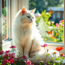 A beautiful white cat with fluffy fur, bright blue eyes, sitting elegantly on a sunny windowsill surrounded by colorful flowers