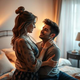 A photorealistic and hyperrealistic depiction of a 30-year-old attractive step-mother and her dashing 18-year-old son sharing a moment in a softly lit bedroom, conveying a sense of intimacy and connection