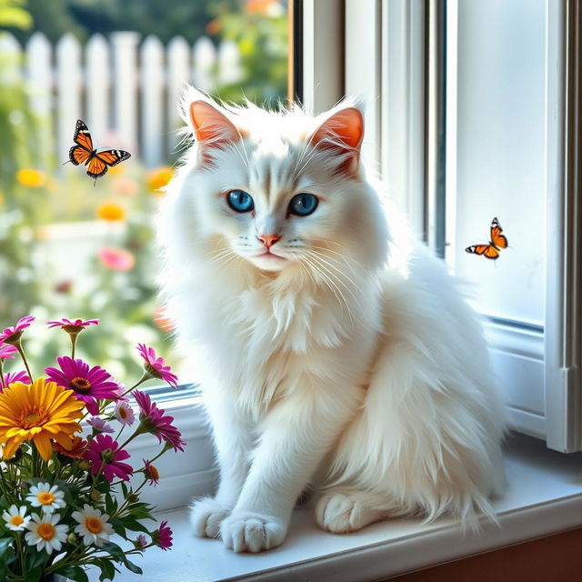 A beautiful white cat with fluffy fur, bright blue eyes, sitting elegantly on a sunny windowsill surrounded by colorful flowers