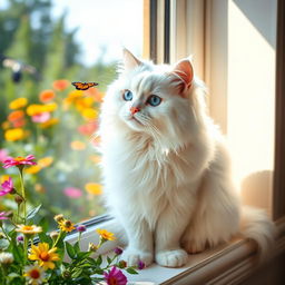 A beautiful white cat with fluffy fur, bright blue eyes, sitting elegantly on a sunny windowsill surrounded by colorful flowers