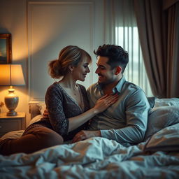 A photorealistic and hyperrealistic depiction of a 30-year-old attractive step-mother and her dashing 18-year-old son sharing a moment in a softly lit bedroom, conveying a sense of intimacy and connection