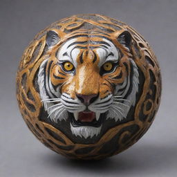 An intricately designed ball adorned with a detailed, ferocious tiger pattern. The tiger's eyes are brightly visible, giving the sphere an animated and fierce look.