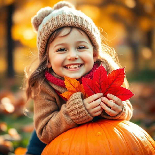 A close-up portrait of a cute, cheerful, beautiful girl with Slovenian features, wearing a warm autumn outfit, sitting joyfully on a vibrant orange pumpkin