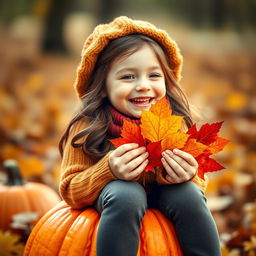 A close-up portrait of a cute, cheerful, beautiful girl with Slovenian features, wearing a warm autumn outfit, sitting joyfully on a vibrant orange pumpkin