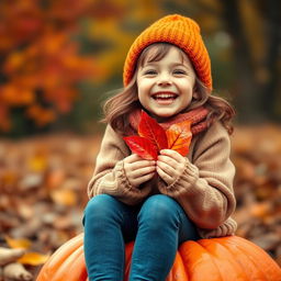 A close-up portrait of a cute, cheerful, beautiful girl with Slovenian features, wearing a warm autumn outfit, sitting joyfully on a vibrant orange pumpkin