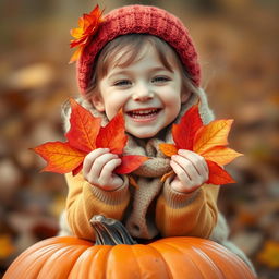 A close-up portrait of a cute, cheerful, beautiful girl with Slovenian features, wearing a warm autumn outfit, sitting joyfully on a vibrant orange pumpkin