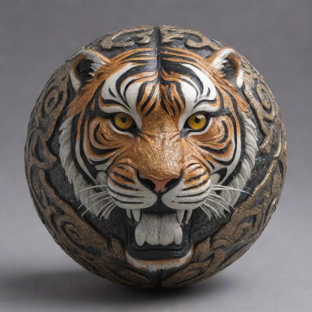 An intricately designed ball adorned with a detailed, ferocious tiger pattern. The tiger's eyes are brightly visible, giving the sphere an animated and fierce look.