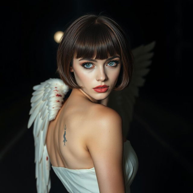 A stunning cover image featuring a woman with short, Chanel-style brown hair with bangs, slightly tanned skin, and captivating blue eyes