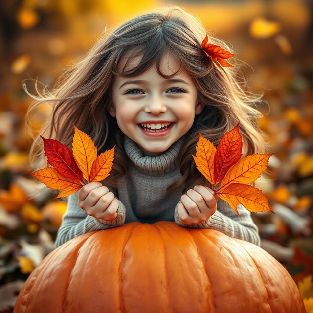 A close-up portrait of a cute, cheerful, beautiful girl with Slovenian features sitting on a large pumpkin