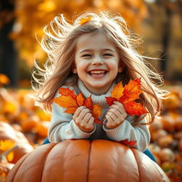 A close-up portrait of a cute, cheerful, beautiful girl with Slovenian features sitting on a large pumpkin