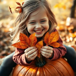 A close-up portrait of a cute, cheerful, beautiful girl with Slovenian features sitting on a large pumpkin