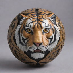 An intricately designed ball adorned with a detailed, ferocious tiger pattern. The tiger's eyes are brightly visible, giving the sphere an animated and fierce look.