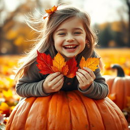 A close-up portrait of a cute, cheerful, beautiful girl with Slovenian features sitting on a large pumpkin