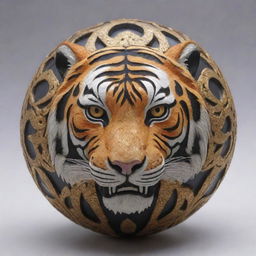 An intricately designed ball adorned with a detailed, ferocious tiger pattern. The tiger's eyes are brightly visible, giving the sphere an animated and fierce look.