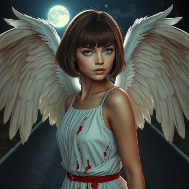 An enchanting cover image depicting a woman with short, Chanel-style brown hair with bangs, slightly tanned skin, and mesmerizing blue eyes